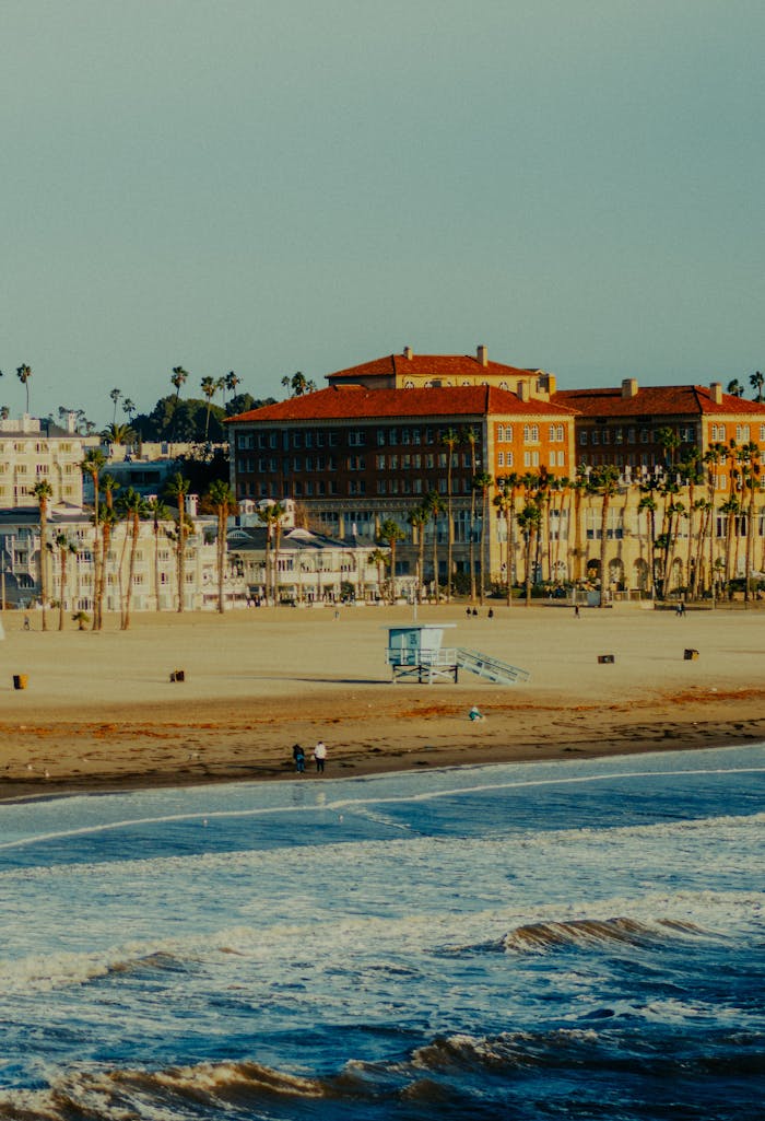 Santa Monica State Beach with the Blue Lifeguard Tower and the Casa del Mar Hotel